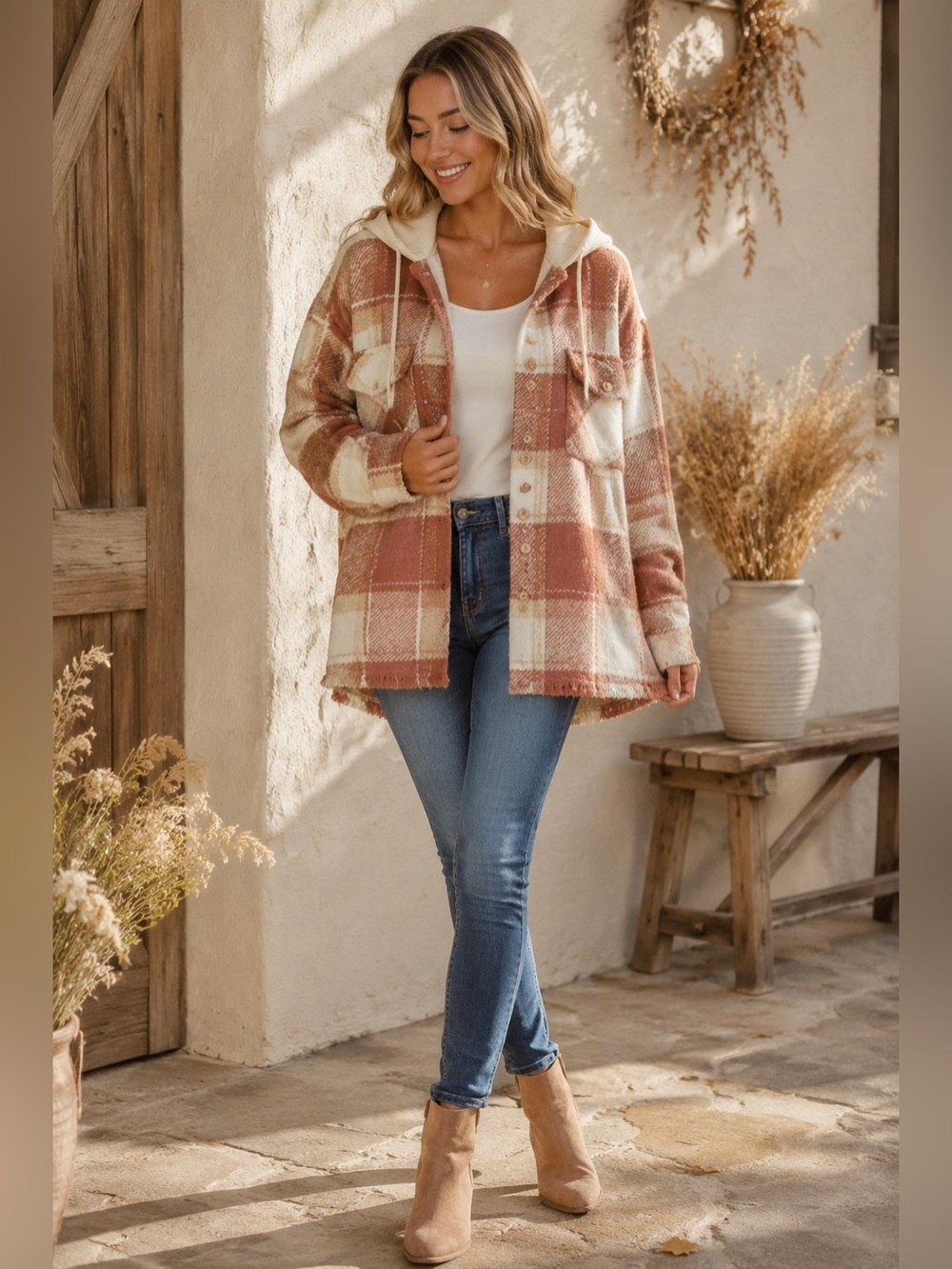 Plaid Hooded Button-Down Shacket in Rust & Cream